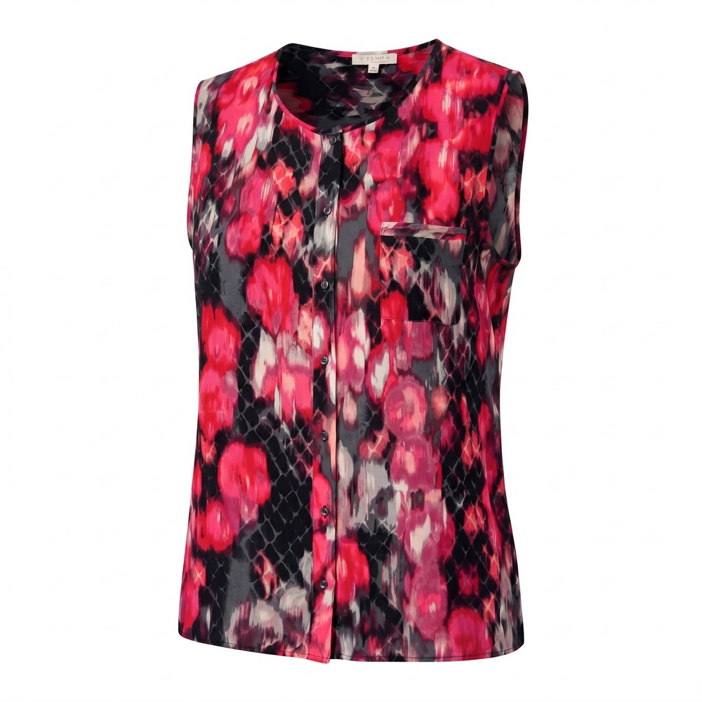 T Tahari Silk Sleeveless Blouse M Pink Red Abstract Floral Snakeskin Button Up‎